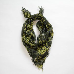 Abstract Green Floral Square Scarf with Tassles